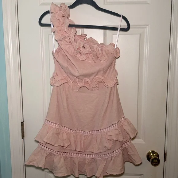 Selfie Leslie Sorority One-Shoulder Ruffle Trim Dress Baby Pink - Picture 3 of 3